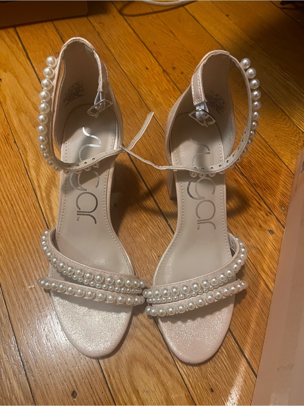 Sugar Pearl-Embellished Ivory Ankle-Strap Heels